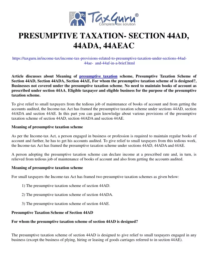 presumptive taxation section 44ad 44ada 44aeac
