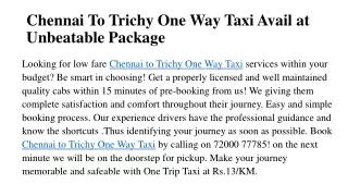 ​Chennai To Trichy One Way Taxi Avail at Unbeatable Package​