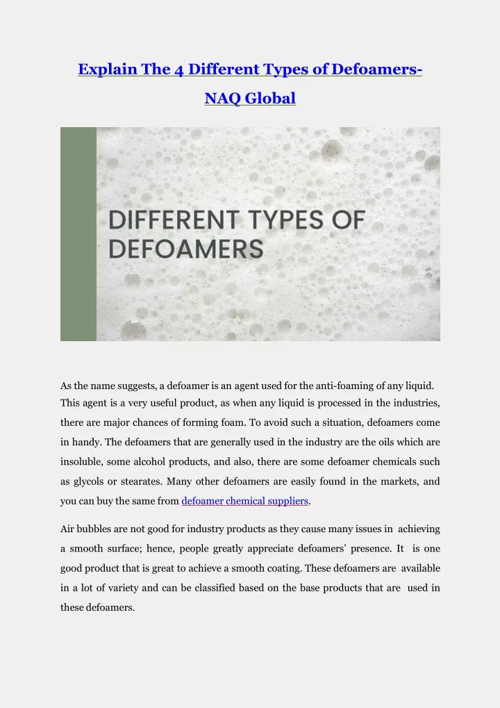 explain the 4 different types of defoamers