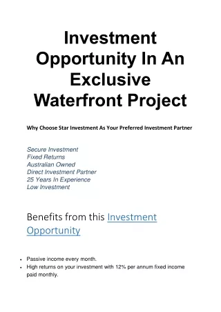 Investment Opportunity In An Exclusive Waterfront Project