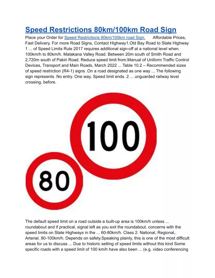 speed restrictions 80km 100km road sign place
