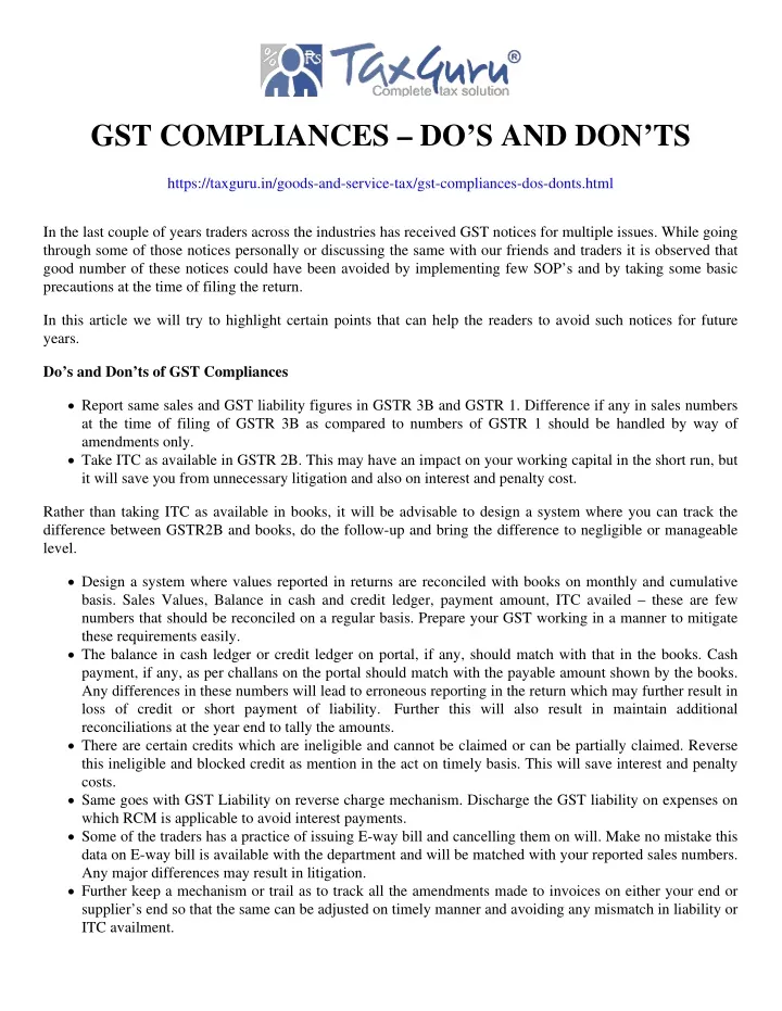 gst compliances do s and don ts