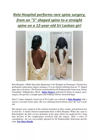 Rela Hospital performs rare spine surgery, from an S shaped spine to a straight spine on a 12-year-old Sri Lankan girl