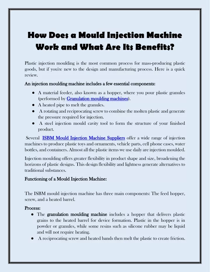 how does a mould injection machine work and what