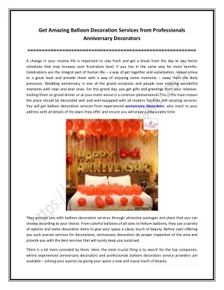 Get Amazing Balloon Decoration Services from Professionals Anniversary Decorators