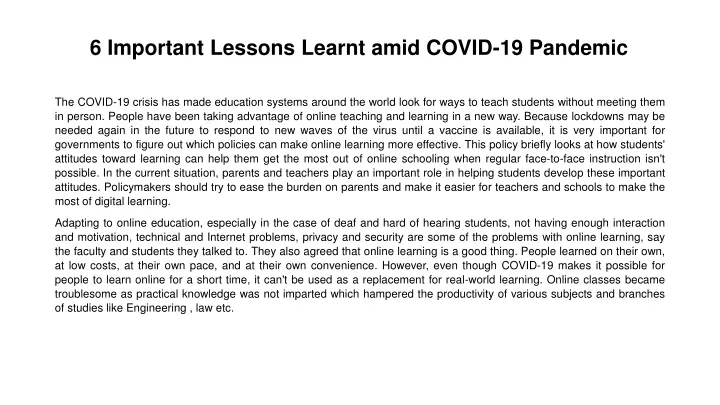 6 important lessons learnt amid covid 19 pandemic