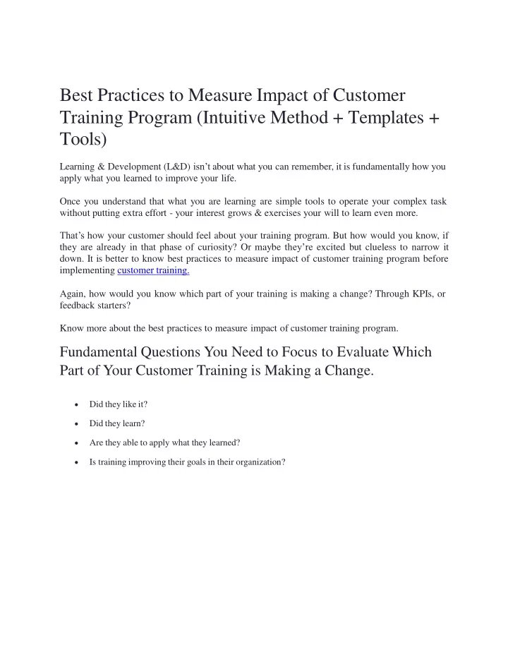 best practices to measure impact of customer training program intuitive method templates tools