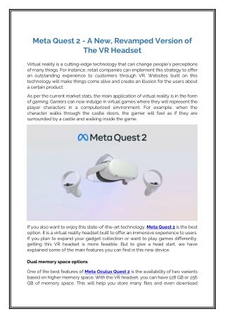 Meta Quest 2 - A New, Revamped Version of The VR Headset