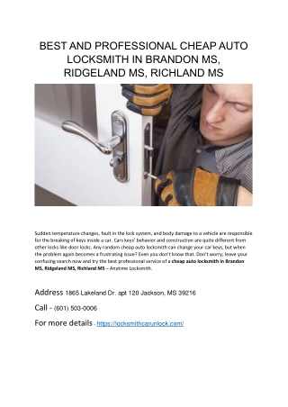 BEST AND PROFESSIONAL CHEAP AUTO LOCKSMITH IN BRANDON MS, RIDGELAND MS, RICHLAND MS
