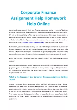 corporate finance assignment help homework help