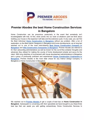 Premier Abodes the best Home Construction Services in Bangalore