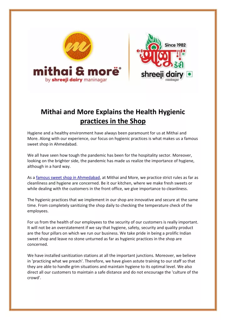 mithai and more explains the health hygienic