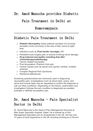 Diabetic Pain Treatment in Delhi at Removemypain
