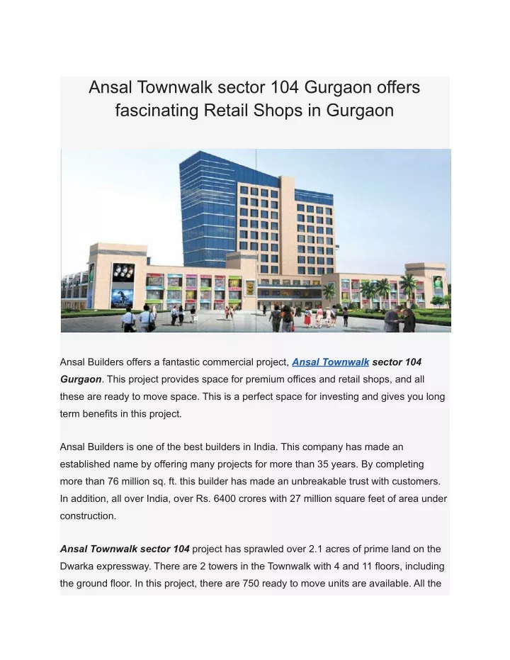 ansal townwalk sector 104 gurgaon offers