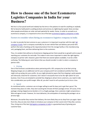 How to choose one of the best Ecommerce Logistics Companies in India for your Bu