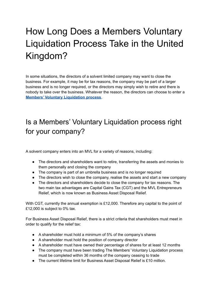 how long does a members voluntary liquidation