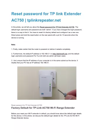 Reset password for TP link Extender AC750 _ tplinkrepeater.net