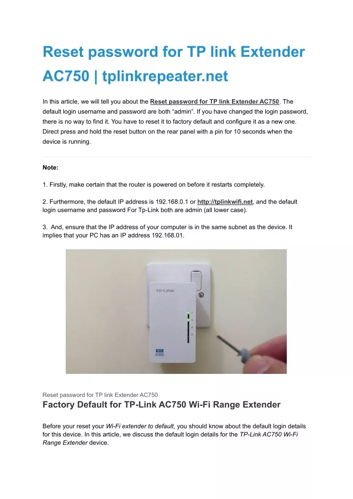 reset password for tp link extender ac750