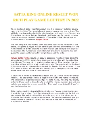SATTA KING ONLINE RESULT WON RICH PLAY GAME LOTTERY IN 2022