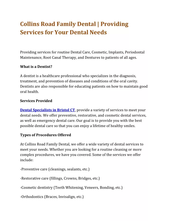 collins road family dental providing services
