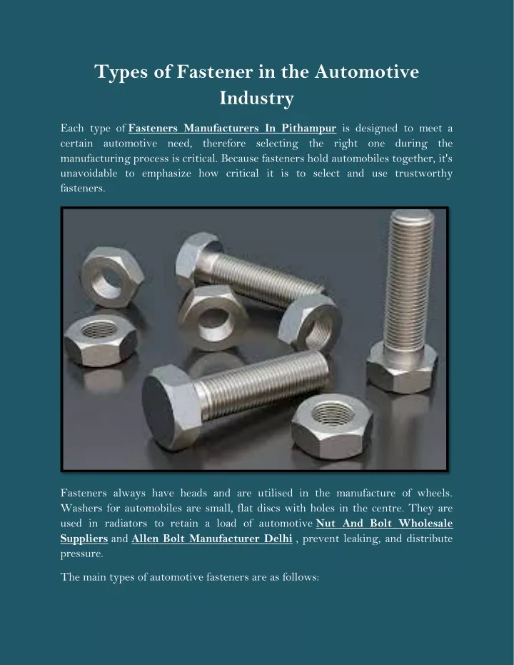 types of fastener in the automotive industry