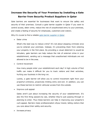 Increase the Security of Your Premises by Installing a Gate Barrier from Security Product Suppliers in Qatar