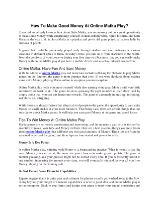 How To Make Good Money At Online Matka Play