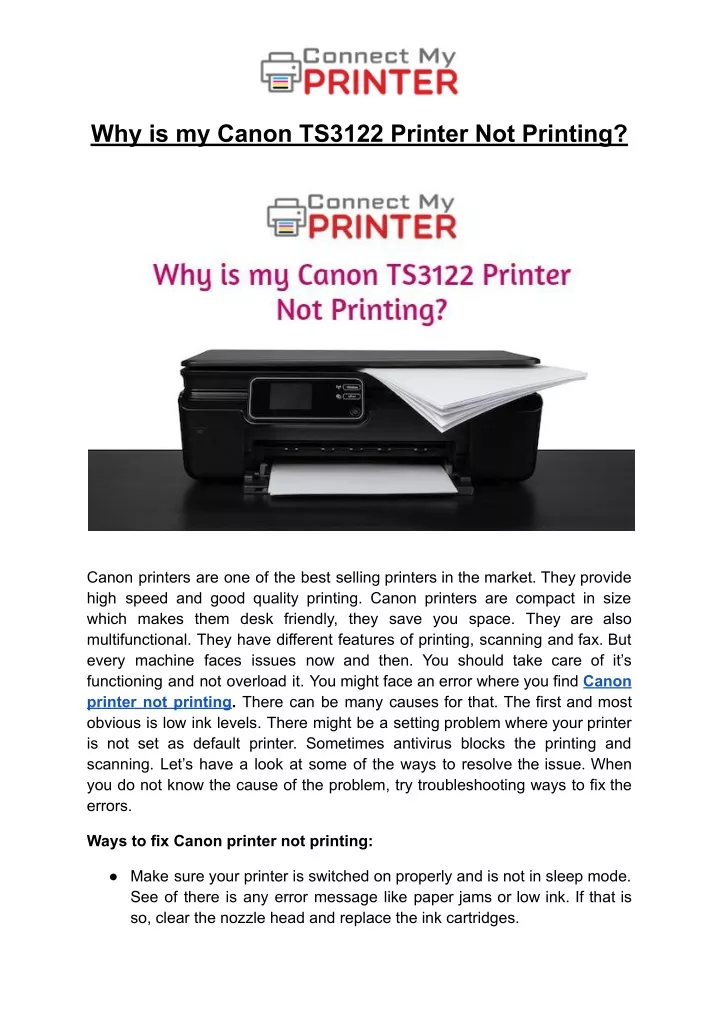why is my canon ts3122 printer not printing
