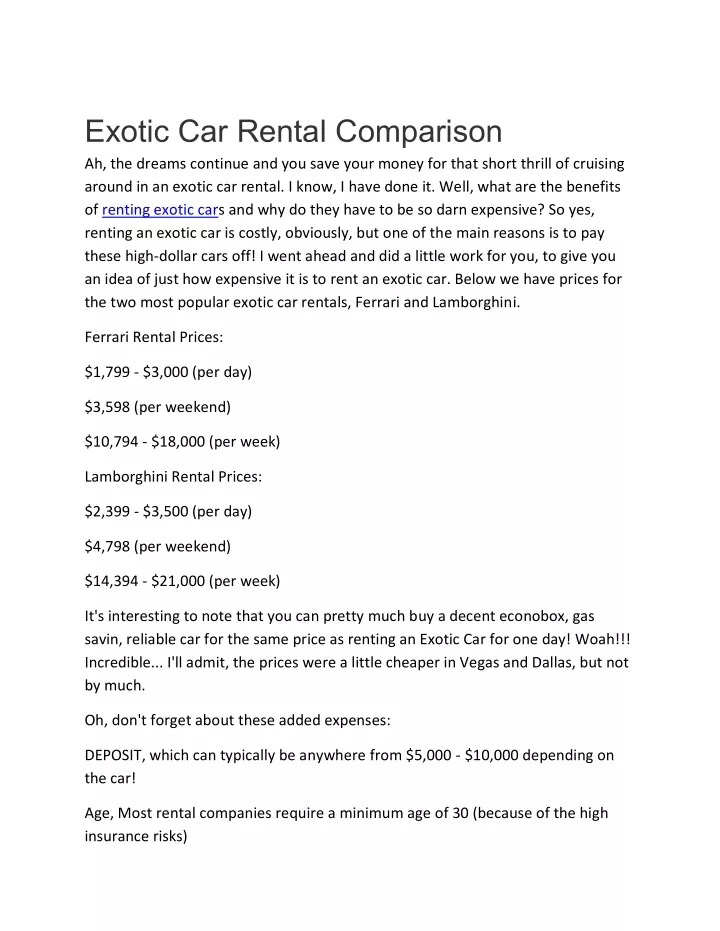 exotic car rental comparison ah the dreams