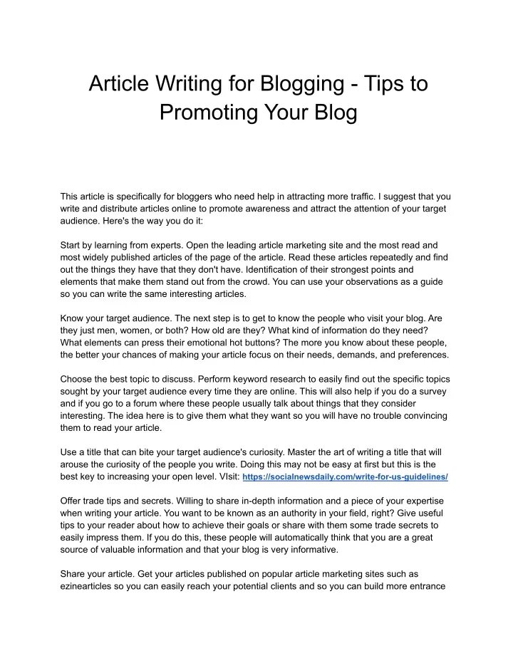 article writing for blogging tips to promoting