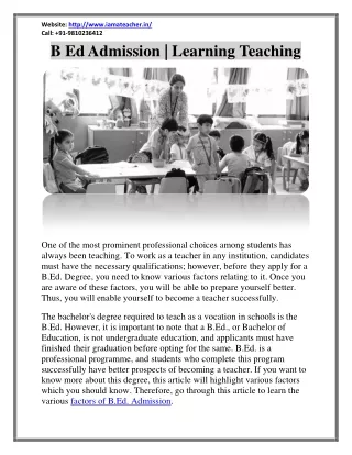 B Ed | B Ed Admission | Learning Teaching | Primary Teachers Training Institute