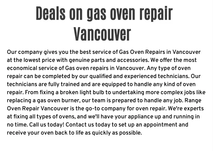 deals on gas oven repair vancouver