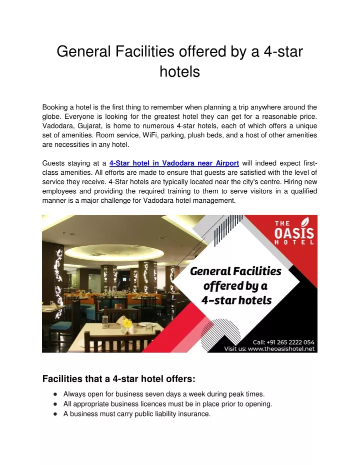 general facilities offered by a 4 star hotels