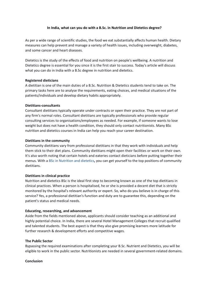in india what can you do with a b sc in nutrition
