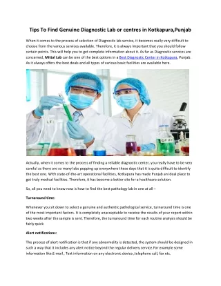 Tips To Find Genuine Diagnostic Lab or centres in Kotkapura,Punjab