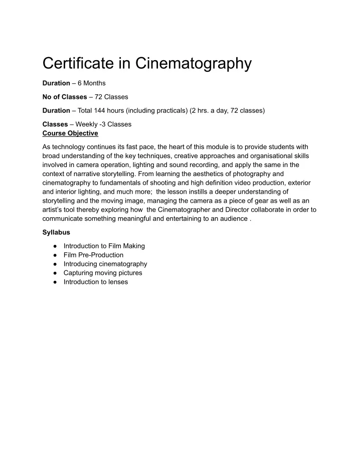 certificate in cinematography