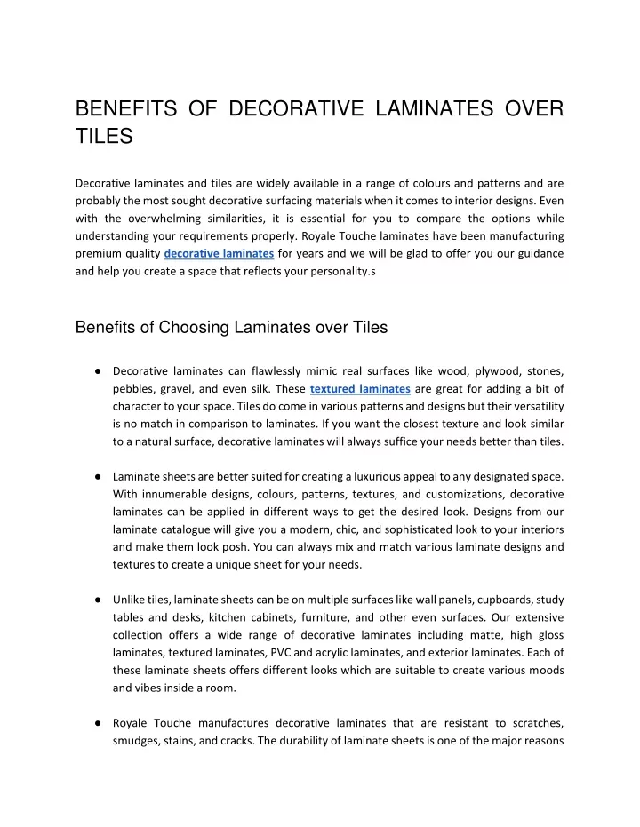 benefits of decorative laminates over tiles