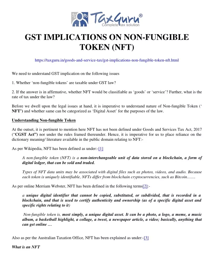 gst implications on non fungible token nft