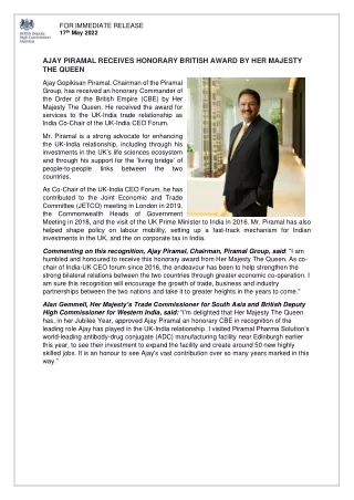 AJAY PIRAMAL RECEIVES HONORARY BRITISH AWARD BY HER MAJESTY THE QUEEN