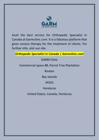 Orthopedic Specialist In Canada | Garmclinic.com