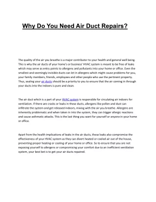 Why Do You Need Air Duct Repairs