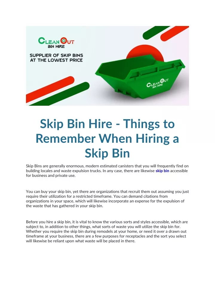 skip bin hire things to remember when hiring