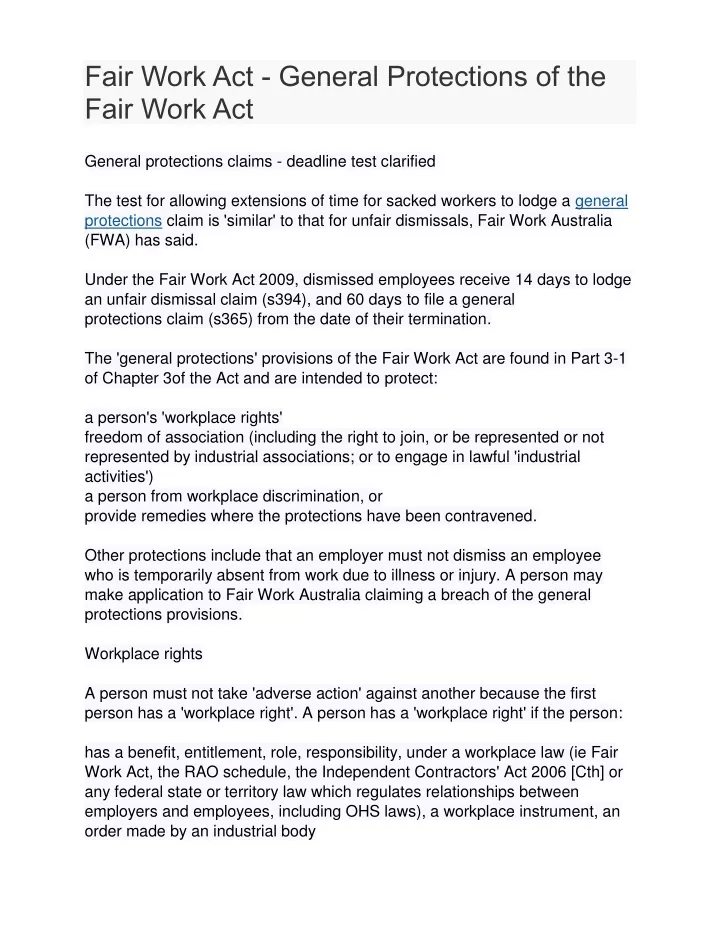 fair work act general protections of the fair