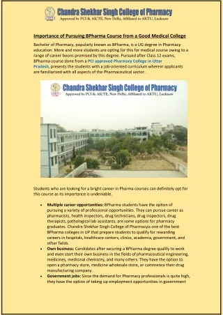 importance of pursuing bpharma course from a good