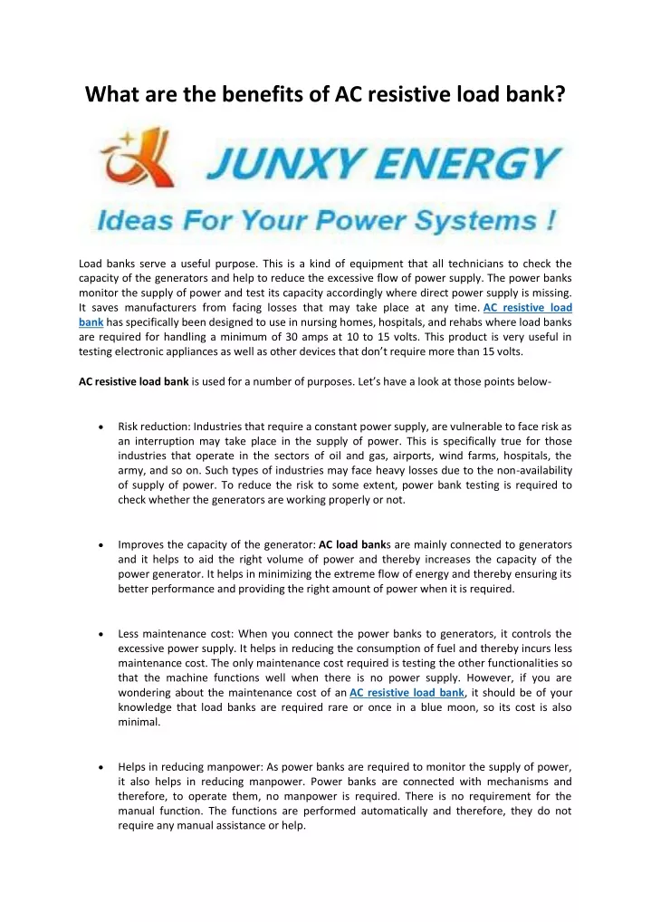 what are the benefits of ac resistive load bank