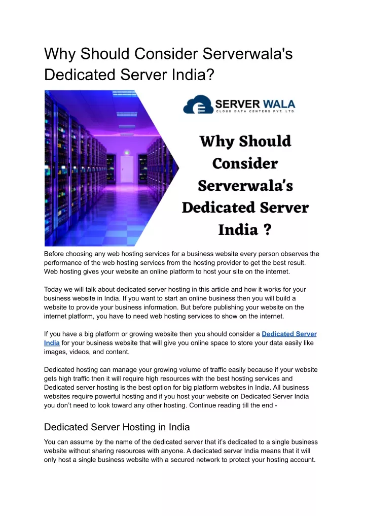 why should consider serverwala s dedicated server