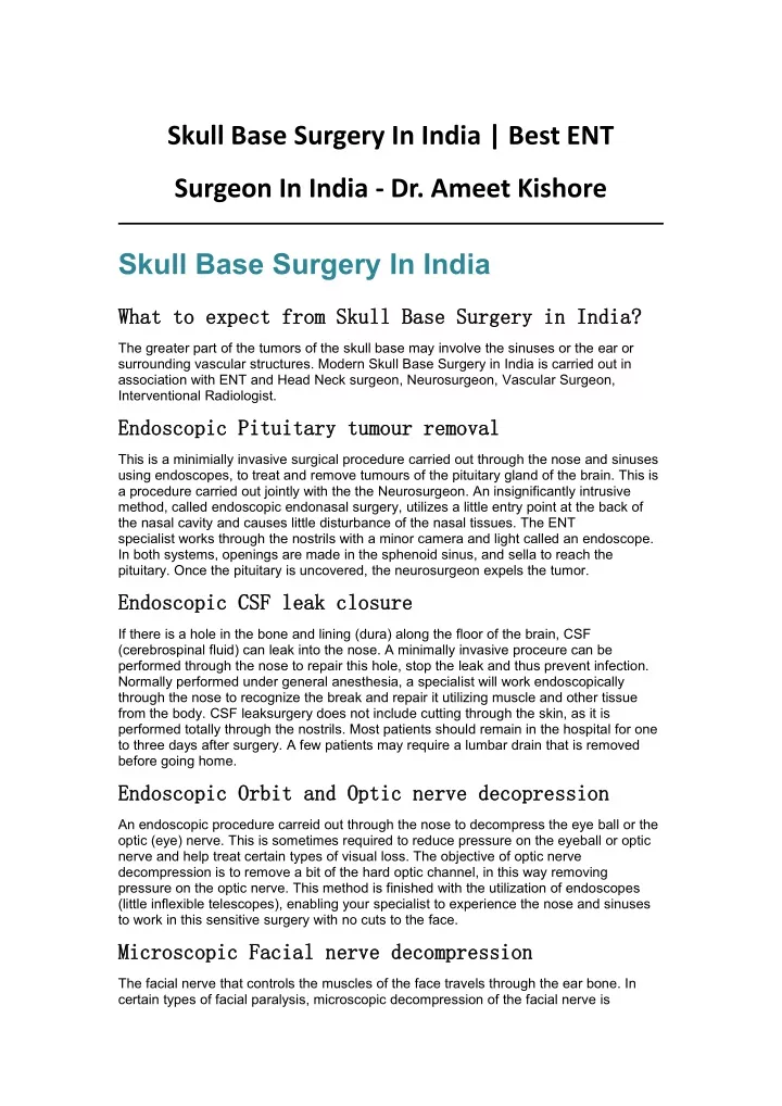 skull base surgery in india best ent