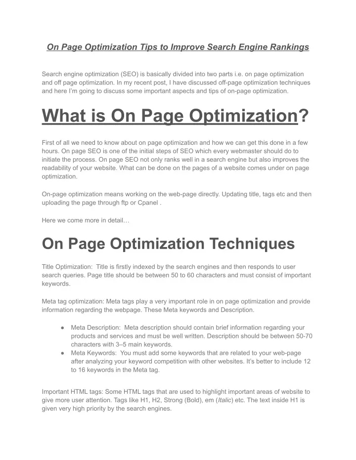 on page optimization tips to improve search
