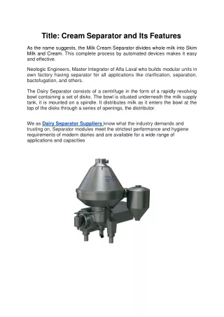 Cream separator and its Features