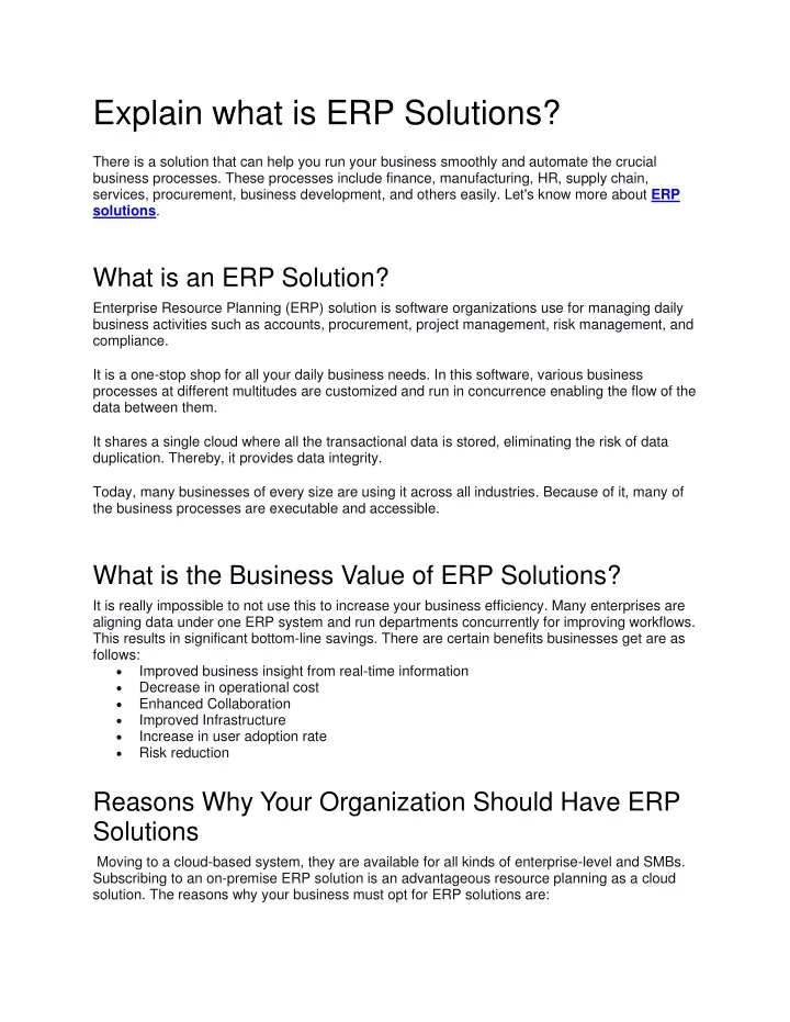 explain what is erp solutions there is a solution